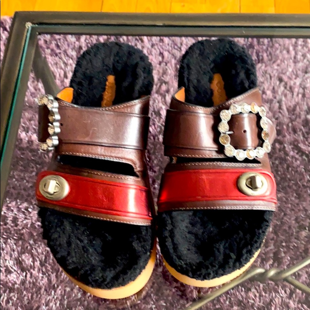 Coach shearling rhinestone buckle leather platform